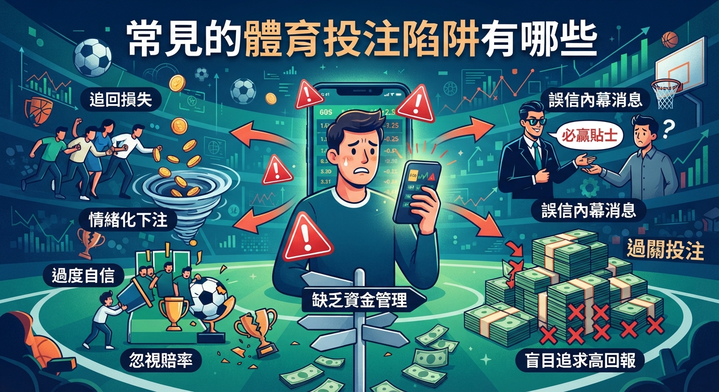 圖片展示了常見的體育投注陷阱,主標題為「常見的體育投注陷阱有哪些」。畫面中包含追回損失、誤信內幕消息、情緒化下注及缺乏資金管理等多個陷阱。